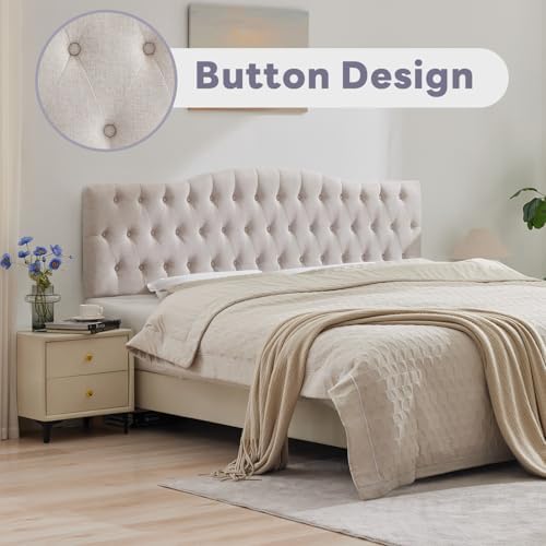 Iroomy Upholstered Full Headboard, Button Diamond Tufted Headboard with Adjustable Height and Solid Wood Leg, Linen Fabric Padded Headboards for Full Size Bed, Mordern Head Board, Beige