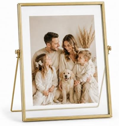 AceList Floating Picture Frame, 8x10 Gold Double Glass, Tabletop