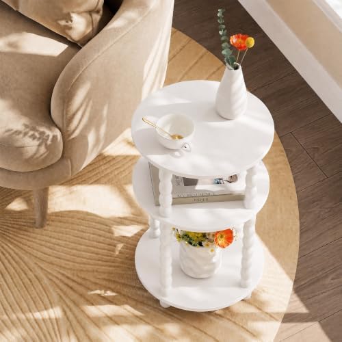 3-Tier Round Side Table, Small End Table with Solid Wood Spindle Legs White