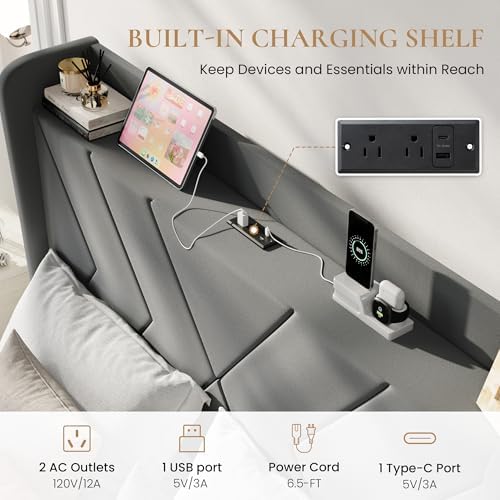 SHA CERLIN Queen Bed Frame, Velvet Upholstered Platform Bed Frame with Wingback Storage Headboard & Charging Station, Geometric Tufted Design, No Box Spring Needed, Easy Assembly, Grey