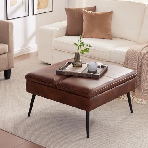Square Ottoman with Storage Coffee Table Large Upholstered Brown
