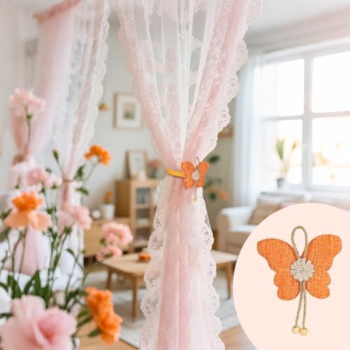 4 Pcs Cute Butterfly Curtain Holdbacks,Magnetic Curtain Tie Backs Decorative Rope for Living Room Bedroom Kitchen Bathroom Decoration (Orange)