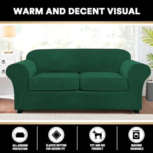 PrinceDeco 3 Pieces Sofa Covers Velvet Couch Covers for 2 Cushion Sofa Soft Sofa Covers for 2 Cushion Couch Width Up to 90 Inch Feature Thick Soft Stay in Plac(Medium-Large, Green)