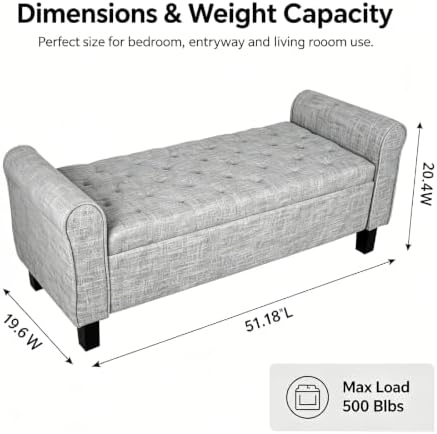 51 Inch Light Gray Linen Storage Ottoman Bench with Rolled Armrests