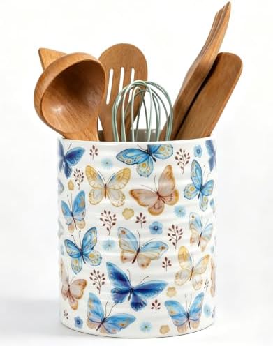Kitchen Utensil Holder,7.2-inch Extra Large Sturdy Ceramic Floral Butterfly Pattern Utensil Crock,Cooking Utensil Organizer for Kitchen Counter Decor,Storage Caddy Farmhouse Gift Butterflies