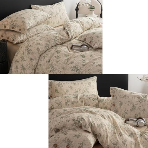 HighBuy Luxury Linen Duvet Cover Set Twin,Garden Style Comforter Cover Chic Cottagecore Cotton Linen Breathable,3 Piece Farmhouse Textured Bedding Set(1 Duvet Cover,2 Pillowcases)