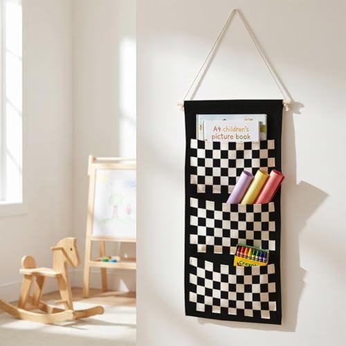 IAXIC Canvas Wall Hanging Organizer with Pockets Fish Extender Hanging Pouch Checkerboard Door Closet Organizers Fabric Storage Pockets Wall Decoration