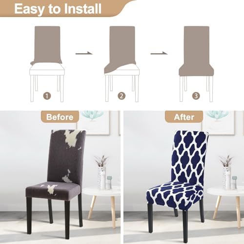 SearchI Dining Room Chair Covers Set of 4, Spandex Stretch Kitchen Chair Slipcovers Removable Washable Moroccan Geometric Parsons Chair Covers Protector for Dining Room, Hotel (Navy Blue)