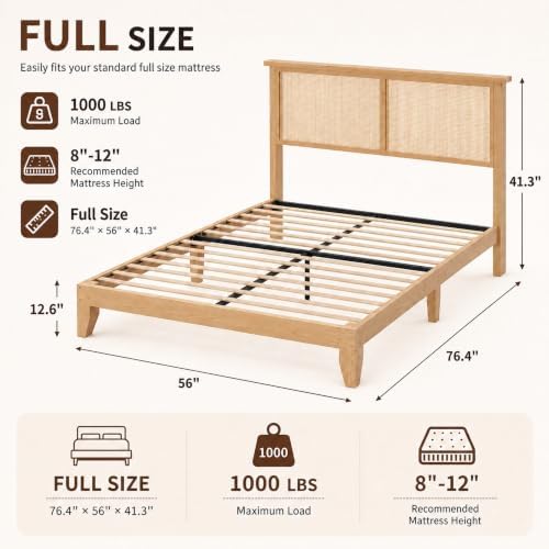 Jojoka Eclectic Rattan Bed Frame with Natural Headboard & RGB LED Lights - Full Size, Silent Slats, Storage Headboard, Plain Wood Platform, Noise-Free, No Box Spring Needed (New Structure RGB LED)