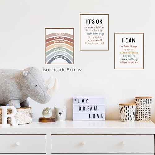 BESERH Boho Kids Positive Affirmation Rainbow Wall Decor, Mental Health Inspirational Wall Art Prints, Motivational Posters for Kids Room Nursery Playroom Classroom, 8x10 Inches Set of 3 Unframed