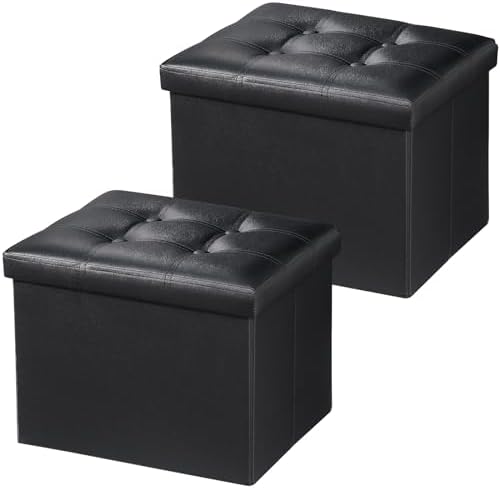 Bsketa Storage Ottoman Bench, 17" Folding Leather Foot Rest,Black 2 Pack