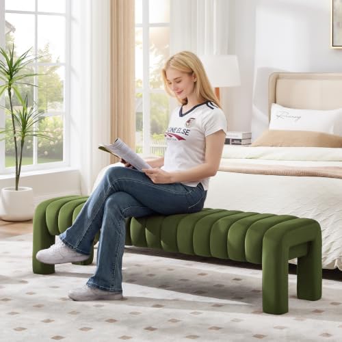 63" Bedroom Bench, Upholstered Entryway Bench, Modern End of Bed Ottoman with Solid Wood Legs and Adjustable Foot Pegs for Entryway, Dining Room and Living Room (Green Velvet)