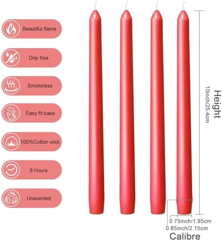 Everymoment Red Taper Candles - 4 Pack 10 Inch Candlesticks - Dripless & Smokeless for 8 Hours - Unscented Paraffin Wax - Ideal for Valentine’s Day Christmas Wedding Halloween Holiday & Home Decor