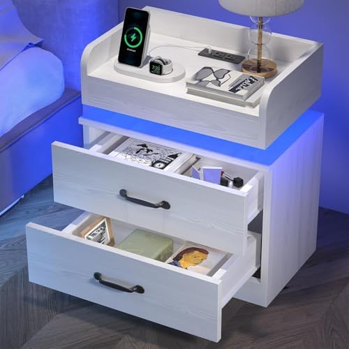 4ever2buy White Nightstand with Charging Station and LED Lights