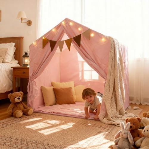 Kids Play Tent, Indoor Playhouse with Mat/Star Lights/Flag - Large 52"x35"x52" Play Tent for Kids, Reading Nook & Playroom Canopy for Boys and Girls (Pink)