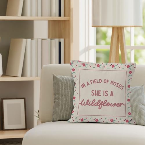 Girl Wildflower Nursery Throw Pillow Cover 18x18, in a Field of Roses She is a Wildflower Decorative Pillow Covers for Kids Girl Nursery Room Bedroom, Floral Accent Pillows Cover Pillowcases