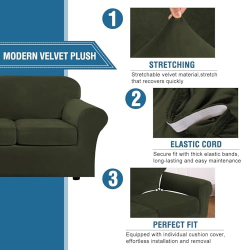 H.VERSAILTEX Real Velvet Plush 3 Piece Stretch Sofa Covers Couch Covers for 2 Cushion Couch Sofa Slipcovers Width Up to 90 Inch Feature Thick Soft Stay in Place (Sofa, Olive)