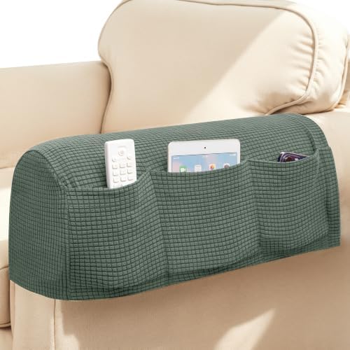 SUBRTEX Stretch Armrest Covers with Storage, Anti-Slip Spandex Arm Covers for Chairs Couch Sofa Armchair Slipcovers for Recliner Sofa with Hook and Loop Tape (Olive Green, 2pc)