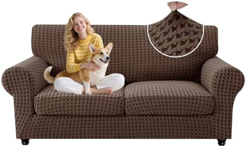 MAXIJIN 3 Pieces Stretch Couch Covers for 2 Cushion Couch Washable Sofa Cover with 2 Extra Large Seat Soft Loveseat Sofa Slipcovers with Non Slip Strap (Brown), 71"-91"(2 XL Cushions)