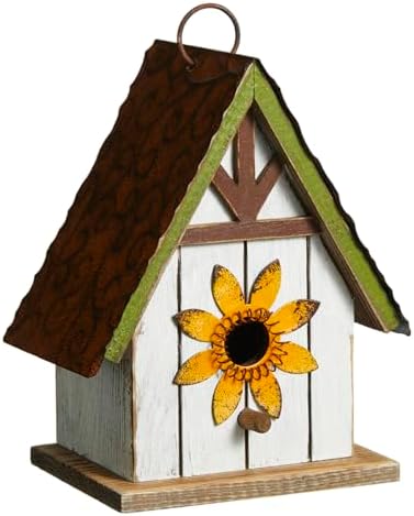 Glitzhome Bird Houses for Outside, Blue Bird Houses for Outdoors, 8.25" H Solid Wood Decorative Hanging Bird House Distressed Cottage Outdoor Garden Birdhouse with 3D Metal Roof and Flower
