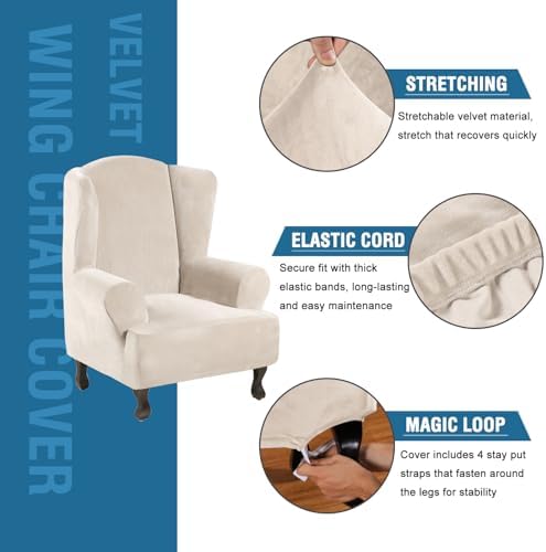 H.VERSAILTEX Wingback Chair Covers Polyester Spandex Plush Wing Chair Slipcover 1 Piece High Stretch Wing Back Chair Slipcovers Sofa Cover Furniture Cover with Elastic Bottom, Cream