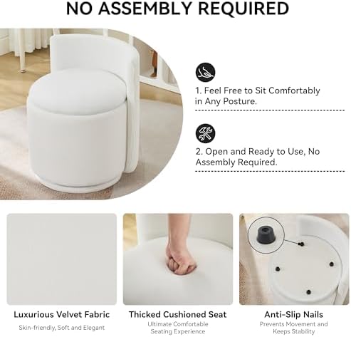 WUTUTUEE Velvet Vanity Chair with Storage, 360° Swivel Makeup Chair with Wave Back, No Assembly Small Accent Stool for Bedroom, Dressing, Living Room, White