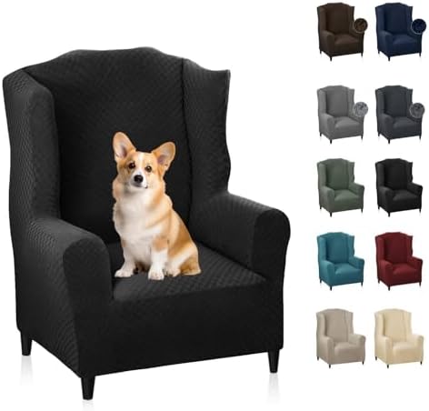 MAXIJIN Wingback Chair Covers 1-Piece Stretch Wing Chair Covers Soft Thick Wingback Armchair Slipcover Non-Slip High Back Chair Furniture Protector Washable (Wing Chair, Black)