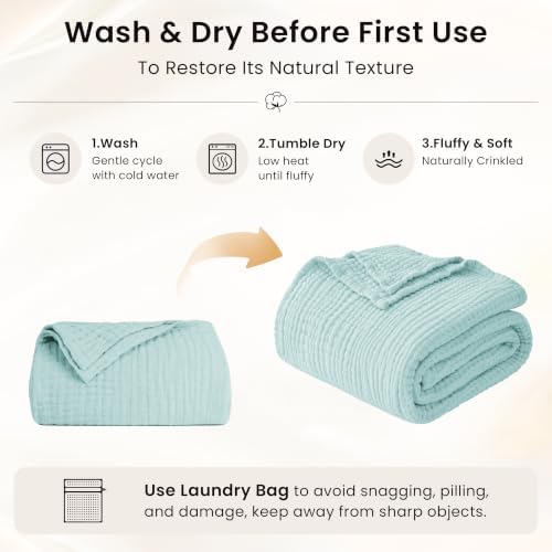 Love's cabin 100% Cotton Muslin Blanket Throw for Couch, Cyan