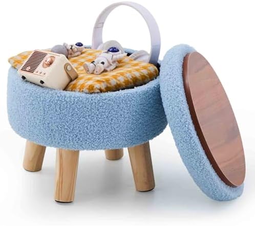 Wimarsbon Round Storage Ottoman,Footstool with Padded Seat and Wood Legs