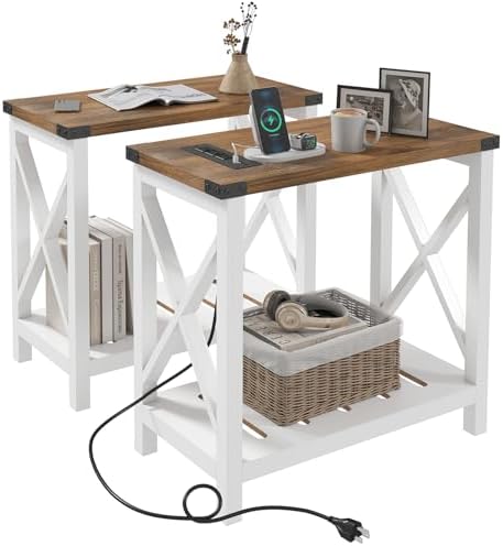 Hadulcet Farmhouse End Tables Living Room Set of 2, Narrow Side Table with Charging Station, Slim Nightstand for Small Space, Skinny Bedside Table, Sofa Side Table with Storage Shelf, White & Brown