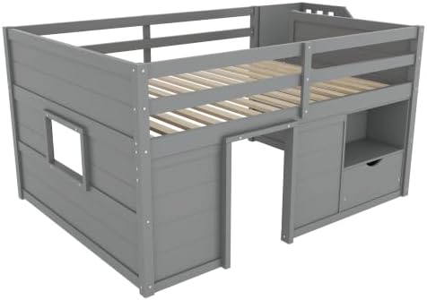 Bellemave Full Size Low loft Bed for Kids,Wood Loft Beds,Modern Farmhouse Full loft Bed,Loft Bed with Desk and Storage, No Box Spring Needed,for Kids, Gray
