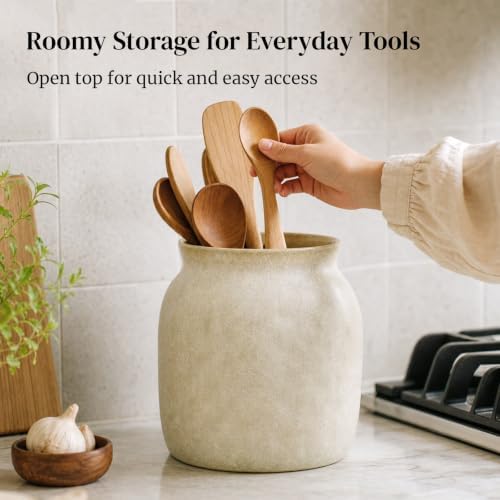 DOWAN 7 '' Ceramic Utensil Holder for Kitchen Counter, Light Beige Gray