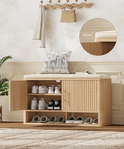 Fluted Shoe Storage Bench, Entryway Bench with Adjustable Shelves