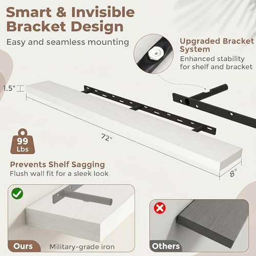 72 Inch Floating Shelves for Wall, 8"D Wood Storage Shelves, White Finish