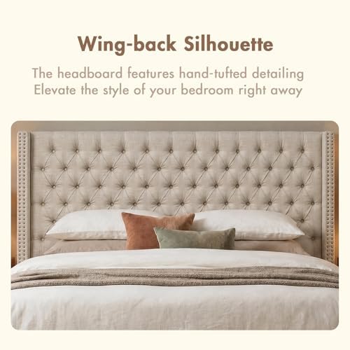 Madison Park King Wingback Upholstered Tufted Headboard, Featuring High-Density Sponge Padding, Adjustable Height Headboard, Easy Assembly, Beige Woven