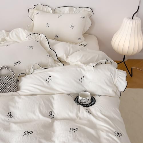 Cream White Bow Duvet Cover King Romantic Princess Style Bedding Set, Lightweight Soft Bowknot Duvet Cover with Zipper Closure, Embroidery Bow Bedding Ruffled Comforter Cover with 2 Pillowcases