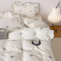 Bowknot Duvet Cover Set Queen Princess Style Ruffle Bedding Set, 3 Pieces Soft Microfiber Embroidery Cute Bow Duvet Cover with Ruffles, Girls Romantic Ruffle Bowknot Comforter Cover with Zipper Ties