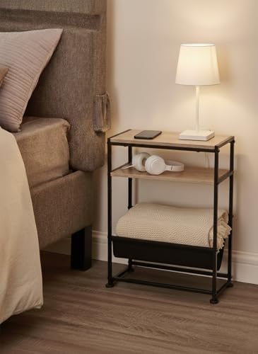 Narrow End Table for Small Spaces - Slim Side Table with Magazine Holder,2 in 1 Design Narrow Coffee Table Living Room,Skinny Bedroom Nightstand Thin Side Magazine Table,Oak