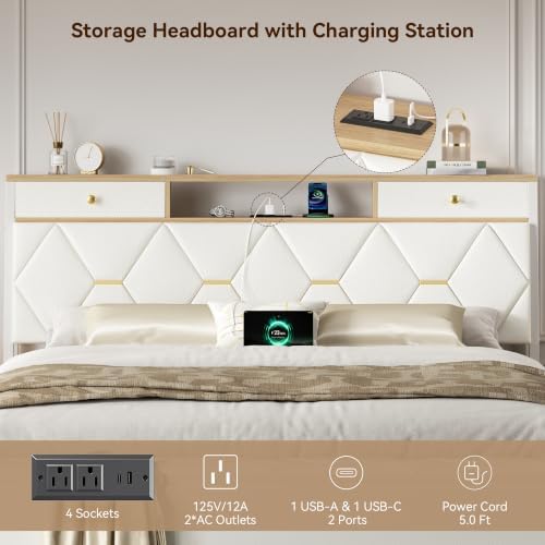 FreeHouse Queen Bed Frame with Storage Headboard and Drawers, PU Leather