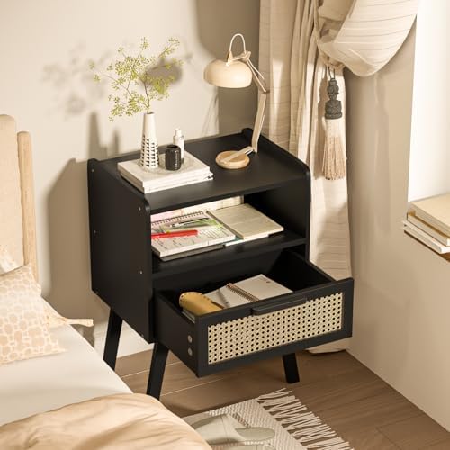Lerliuo Rattan Nightstands Set of 2, Bedside Table with Drawer Open Shelf