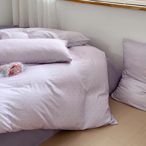 LifeTB Purple Duvet Cover Set Full 100% Cotton Muslin Cute Polka Dot Bedding Set, Soft Breathable Gauze Duvet Cover with 2 Pillowcases, Cute Polka Dot Comforter Cover Aesthetic Bedding Set
