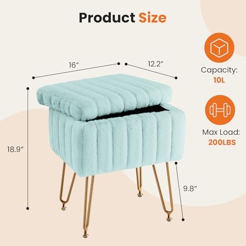 DUMOS Vanity Stool Chair, Ottoman with Storage, Makeup Cute Soft Small Footstool, Modern Style Faux Fur Seat with 4 Metal Legs & Adjustable Feet for Dressing, Living Room, Bedroom, Dorm, Sage