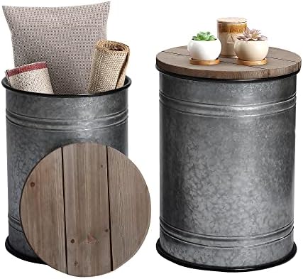 RUSTOWN Farmhouse Accent Side Table, Set of 2 Galvanized Storage Ottoman