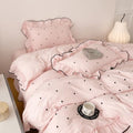 Polka Dot Duvet Cover King Size Pink Ruffle King Comforter Cover Embroidered Soft Washed Brushed Microfiber Zipper Duvet Cover Set with Corner Ties Girl Bedding Set Chic Duvet Protector