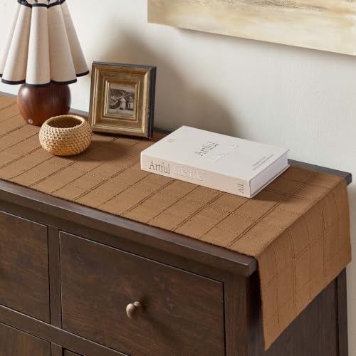 ZeeMart Linen Checked Farmhouse Table Runner, 13x48 Inches Caramel