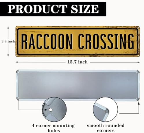Rustic Farmhouse Metal Tin Sign, Raccoon Crossing Sign, Vintage Animal Road Signs for Porch, Yard, and Farmhouse, Animal Crossing Warning Signs, Perfect for Garden and Road, 15.7 x 3.9 inches