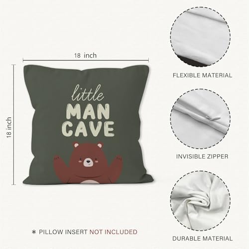 Bear Nursery Decor Throw Pillow Covers 18x18, Little Man Cave Decorative Pillow Covers for Kids Boys Bedroom Room Playroom, Boys Room Decor Accent Pillows Cover Pillowcases