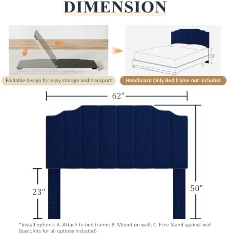 Befurtori Queen Size Headboard Only, Velvet Wall Mount Headboard, Navy Blue