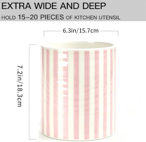 Kitchen Utensil Holder,7.2-inch Extra Large Ceramic Stripes Pattern Utensil Crock,Cooking Utensil Organizer for Kitchen Counter Decor,Storage Caddy Farmhouse Gift Yellow Pink