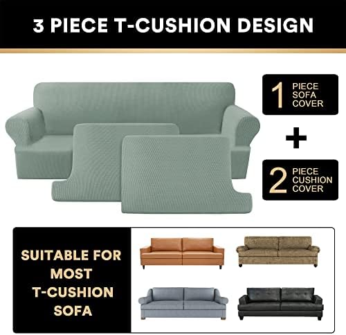 PrinceDeco T Cushion Sofa Slipcover 3 Pieces Sofa Covers for T Cushion Couch Soft Couch Covers Sofa Slip Cover Furniture Covers with 2 Individual T Shape Seat Covers Width Up to 88", Sage